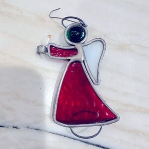 Vintage Stained Glass Angel holding real candle Ornament